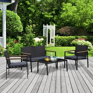 Set mobilier gradina Outsunny, 4 piese, 2 scaune, Canapea, Masuta de cafea, Otel/Rattan, Negru