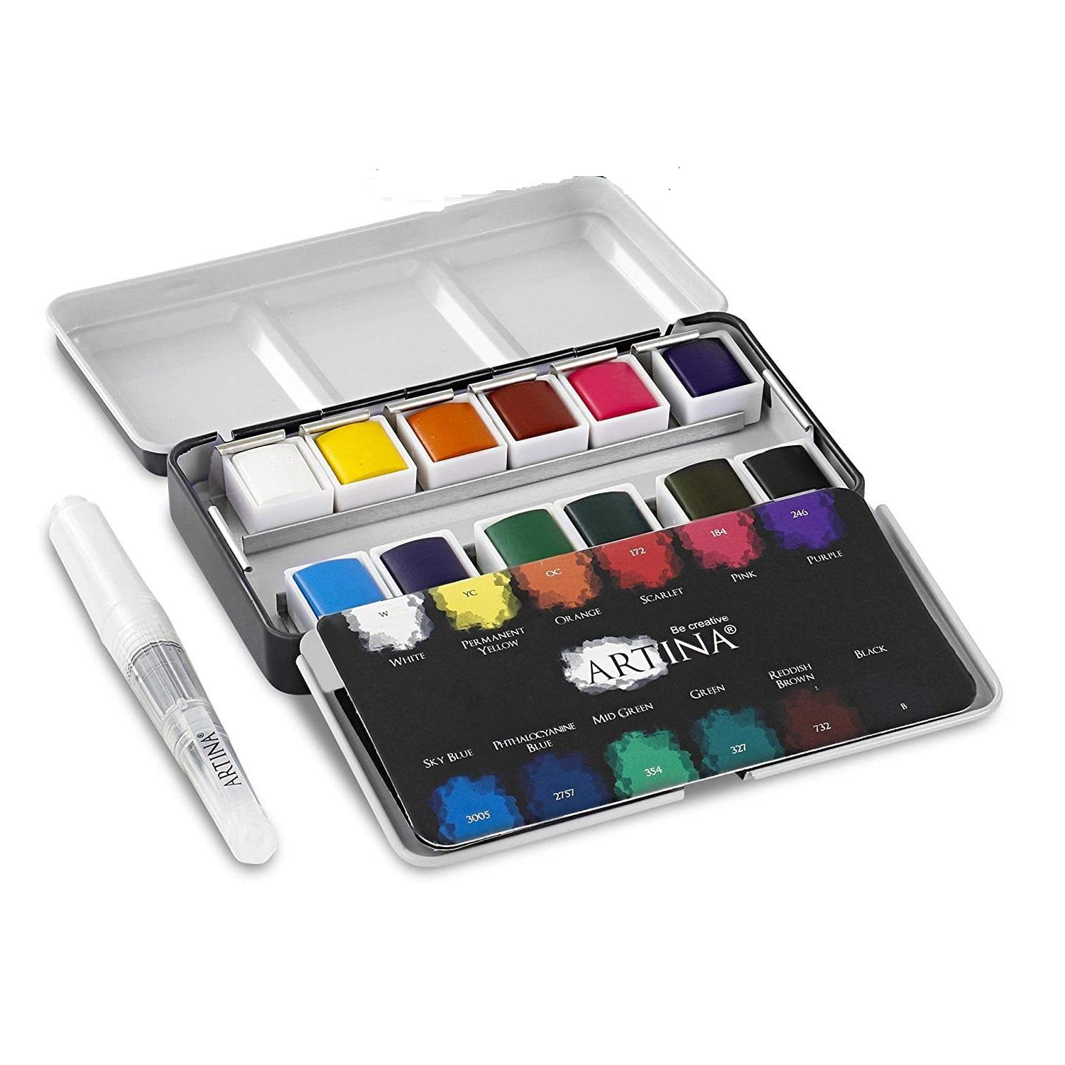 Culori acualere Artina Colaro, 12 bucati, Pensula cu rezervor de apa, Multicolor