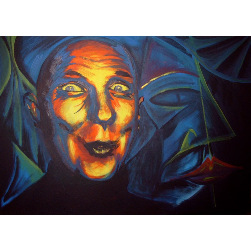 Tablou tehnica mixta Grimasa, pictat manual Anne Tognaq, dimensiune 70 x 50 cm