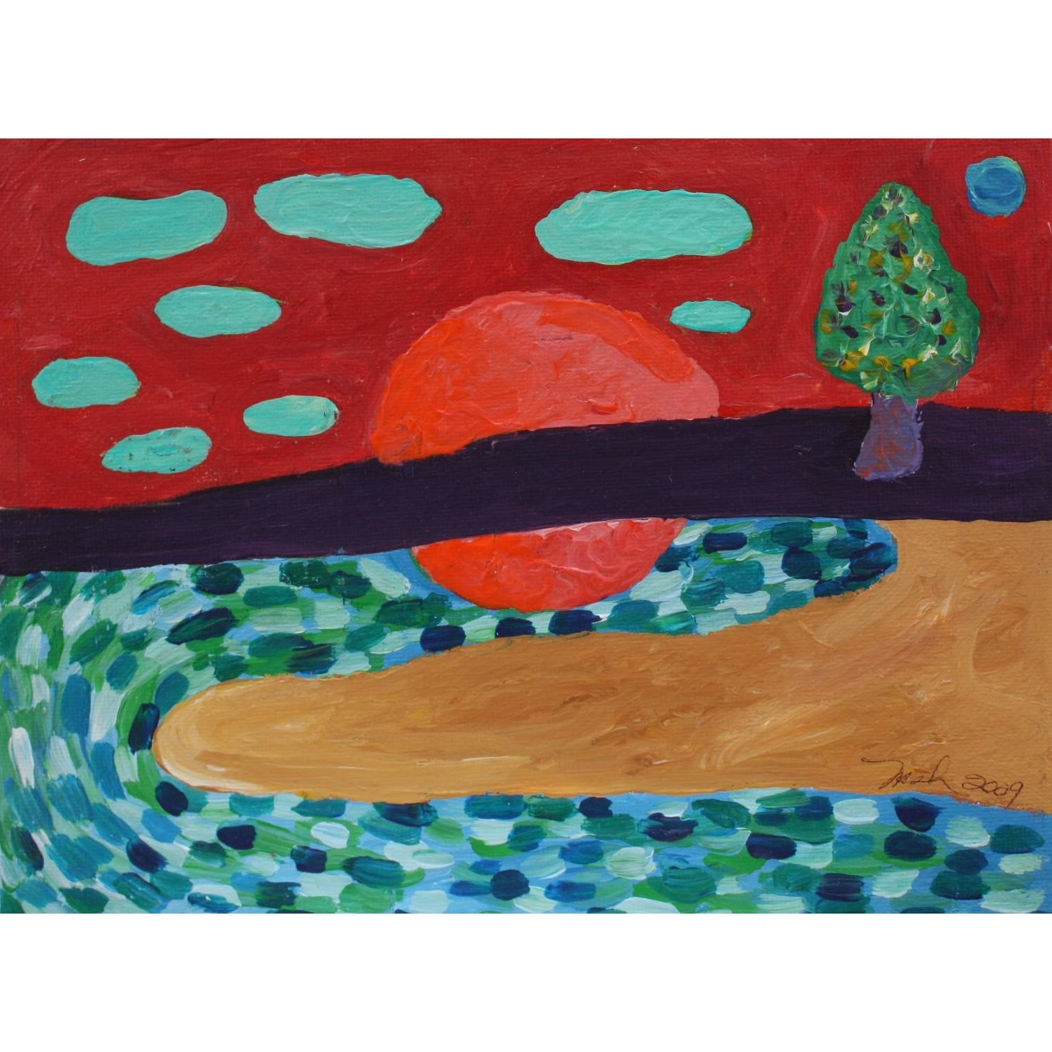 Tablou acrilic Apus de soare, pictat manual Mary Nash, dimensiune 25 x 20 cm