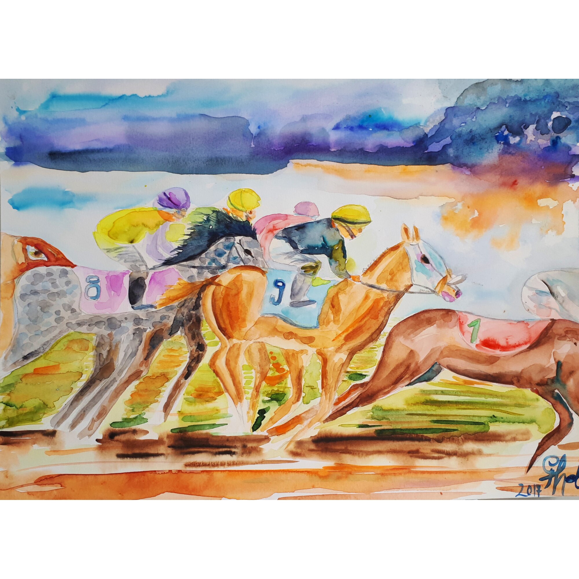 Tablou Cursa de cai in acuarela, pictat manual de Artemisia dimensiune 30 x 40cm