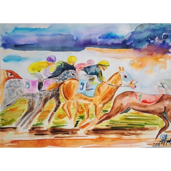 Tablou Cursa de cai in acuarela, pictat manual de Artemisia dimensiune 30 x 40cm Tablou Cursa de cai in acuarela, pictat manual de Artemisia dimensiune 30 x 40cm