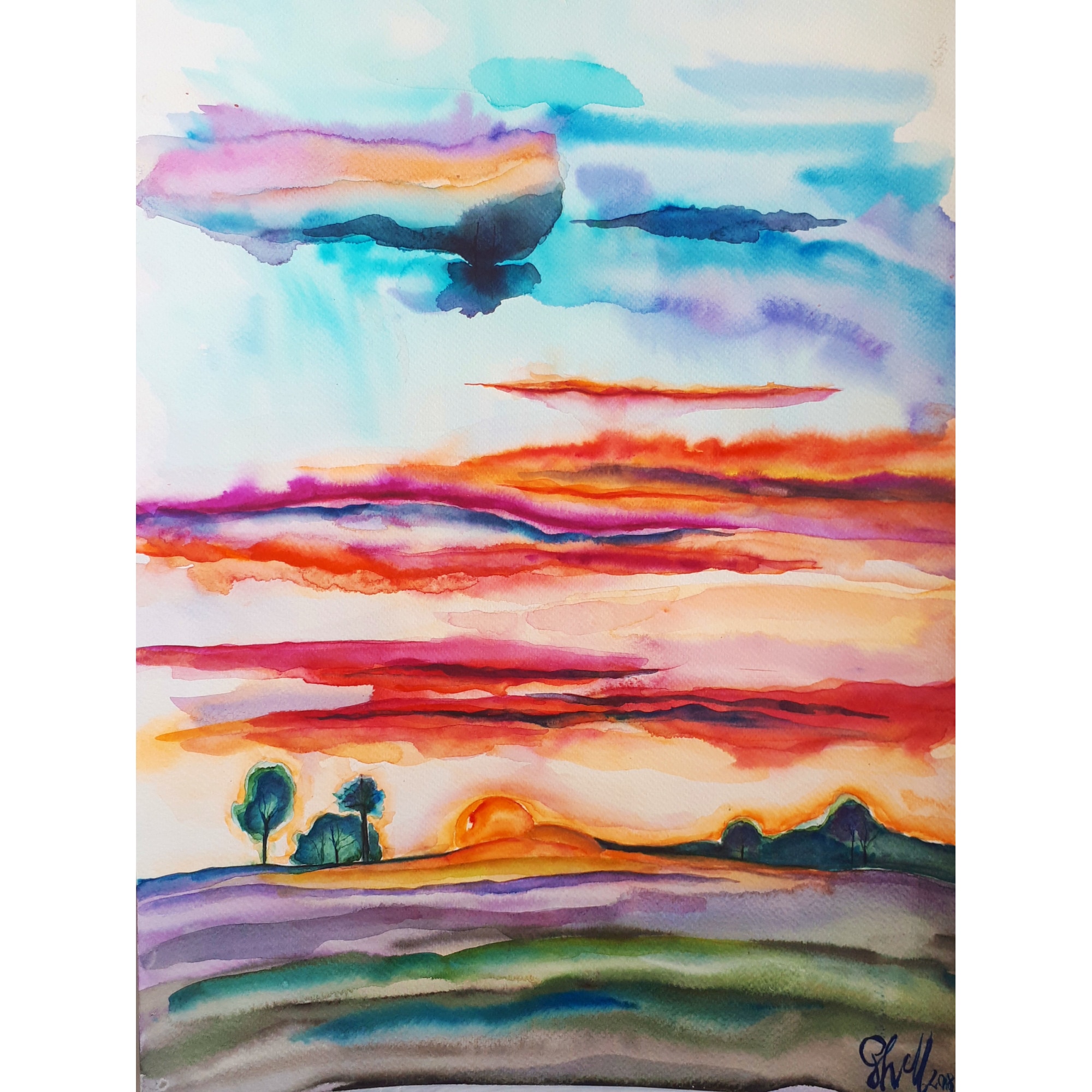 Tablou Apus in Kenya in acuarela, pictat manual de Artemisia dimensiune 35 x 50 cm