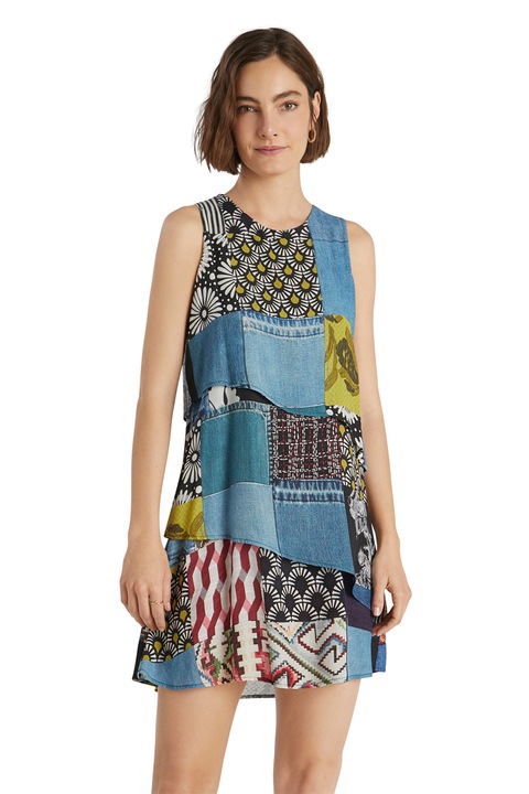 DESIGUAL, Rochie stratificata cu model cu aplicatii, Negru/Roz/Albastru, M