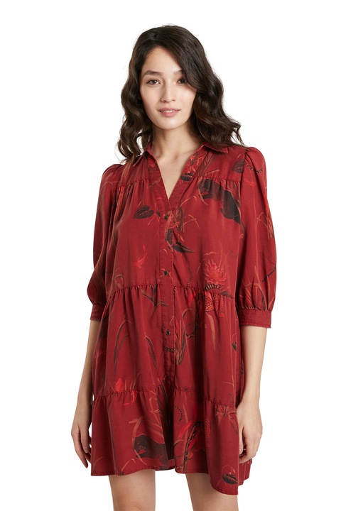 DESIGUAL, Rochie-camasa cu imprimeu grafic, Rosu inchis, XL