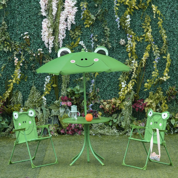 Outsunny kerti bútorkészlet gyerekeknek, 3 db, asztal, 2 összecsukható szék, esernyő, zöld