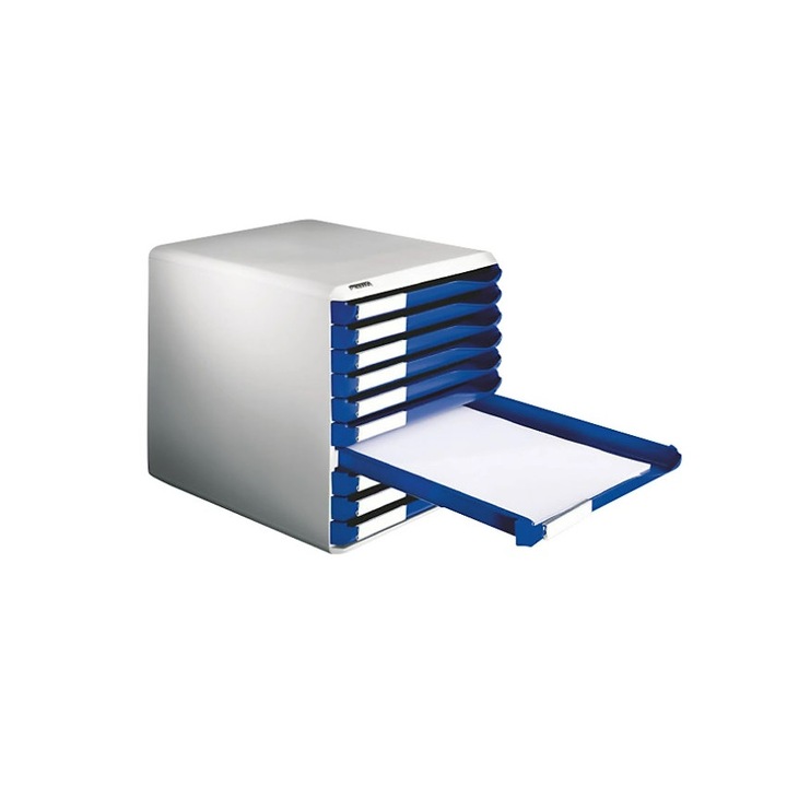 Leitz – Iratdoboz, levél- és irattartó készlet, ház színe szürke, kék fiók, 10 fiók