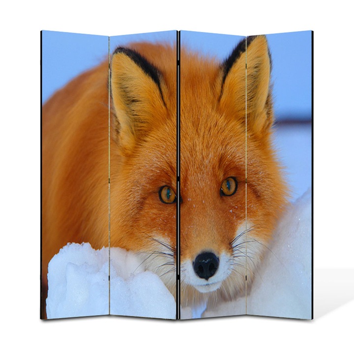 Paravan 4 piese Premium TrueColor, Art Star, Vulpe roscata in natura acoperita de nea, Animale, Panza pe cadru de lemn, Decoratiuni Moderne pentru Casa, 4 Panouri de 35x150, 140 x 150 cm