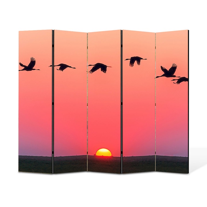 Paravan 5 piese Premium TrueColor, Art Star, Pasari calatorind deasupra apusului, Animale, Panza pe cadru de lemn, Decoratiuni Moderne pentru Casa, 5 Panouri de 45x150, 225 x 150 cm