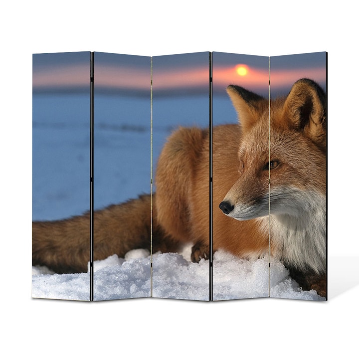 Paravan 5 piese Premium TrueColor, Art Star, Vulpe urmarindu-si prada la apus, Animale, Panza pe cadru de lemn, Decoratiuni Moderne pentru Casa, 5 Panouri de 45x150, 225 x 150 cm