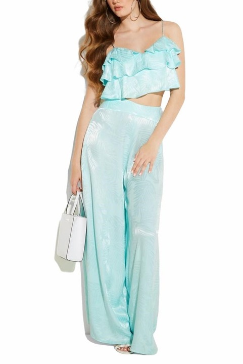 Pantaloni Dama din satin cu imprimeu pe frunze, Guess-G74B, Verde Menta