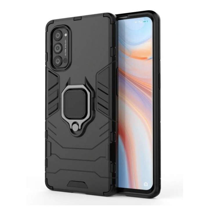 Калъф G-Ring Defender, съвместим с Oppo Reno 4 Pro, Antishock Armor, въртящ се на 360 градуса пръстен, вграден магнит за поддръжка на кола, TPU и компютър, черен