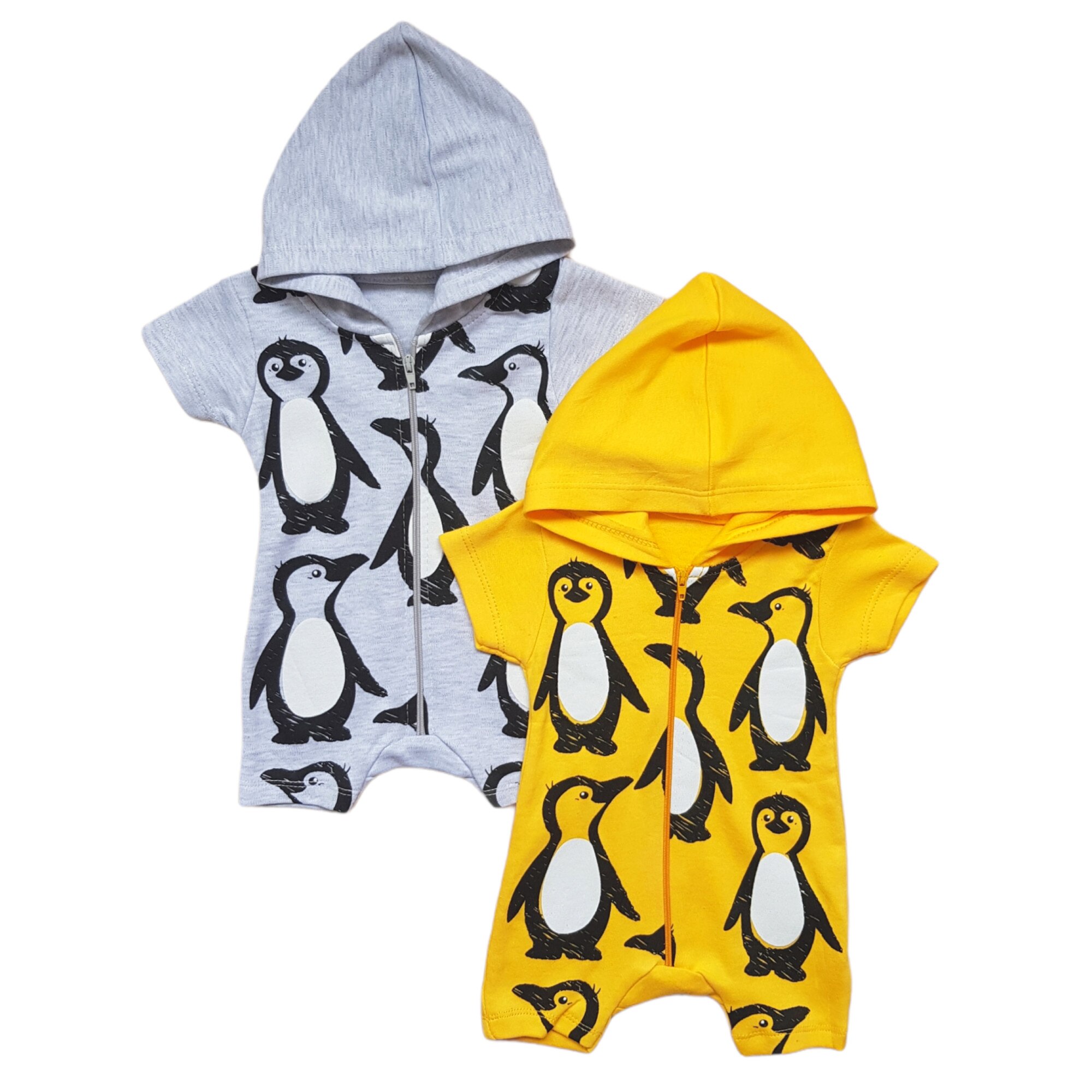 Set 2 salopete bebe cu gluga, Pinguini, Gri/Galben, Gri/Galben