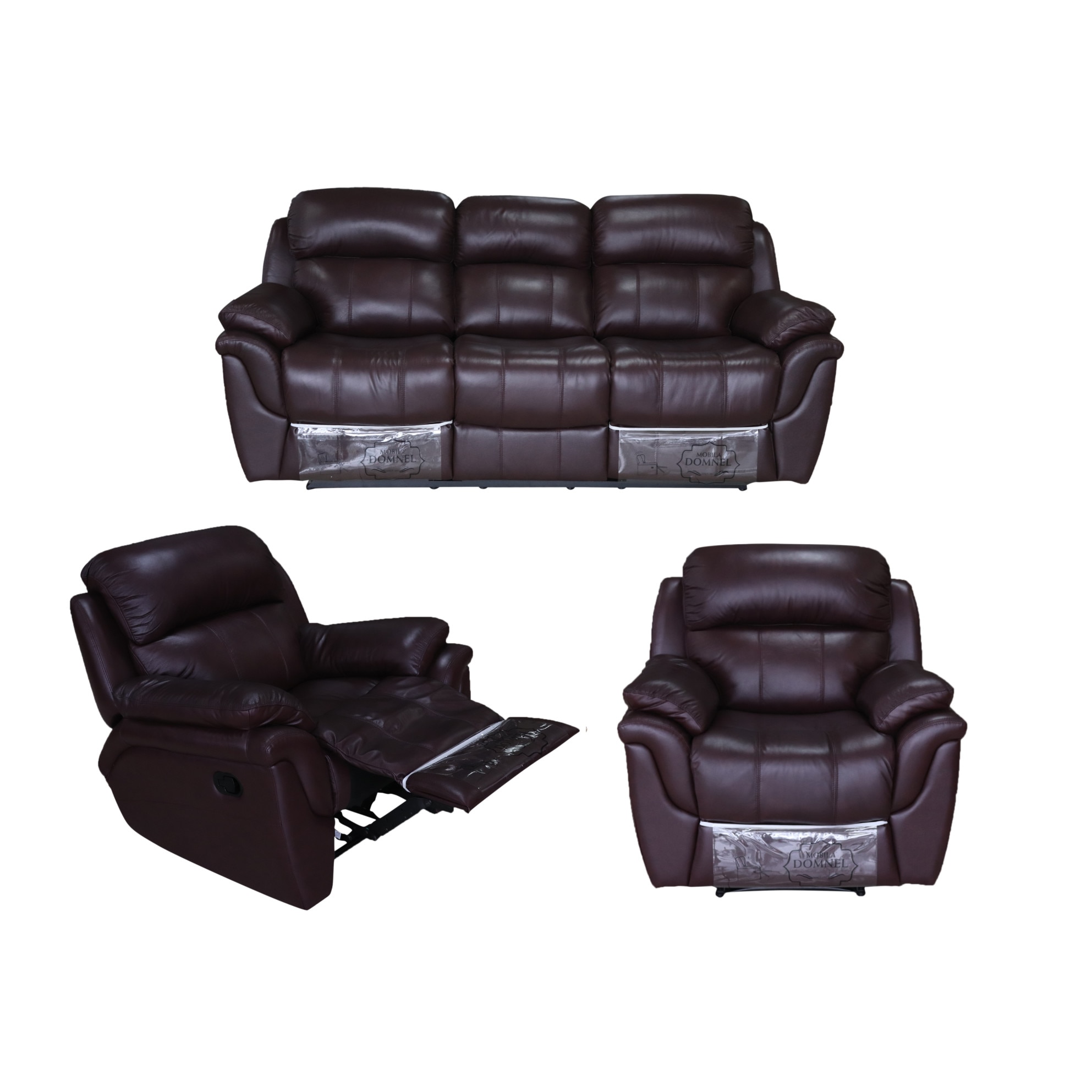Set Piele Naturala Md 2458, Mobila Domnel, canapea 3 locuri cu 2 reclinere manuale si 2 fotolii cu reclinere manuale, culoare Burgundy B326, Piele naturala suprafata de contact