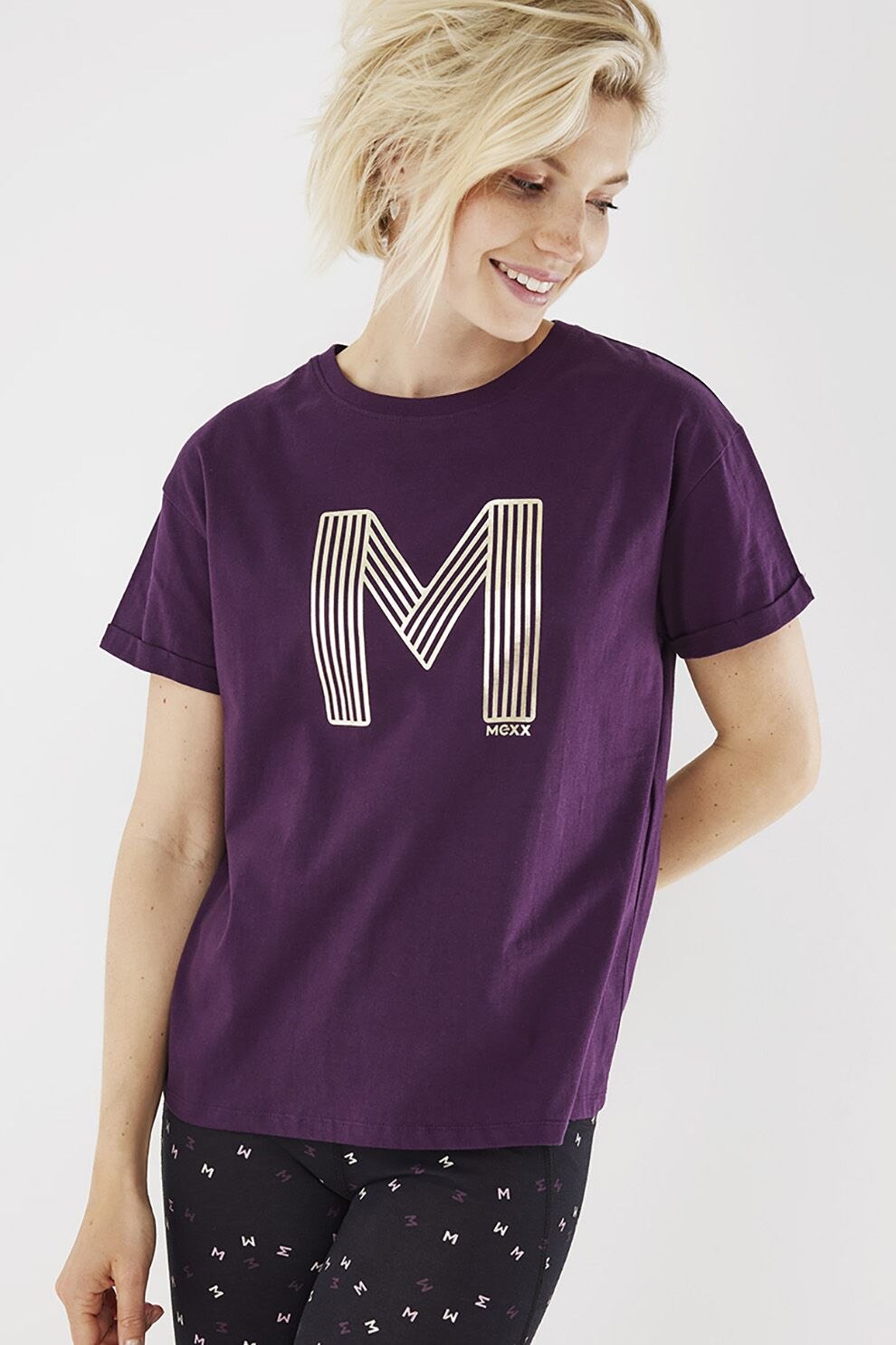 Mexx, Tricou de bumbac organic cu imprimeu logo, Violet pruna