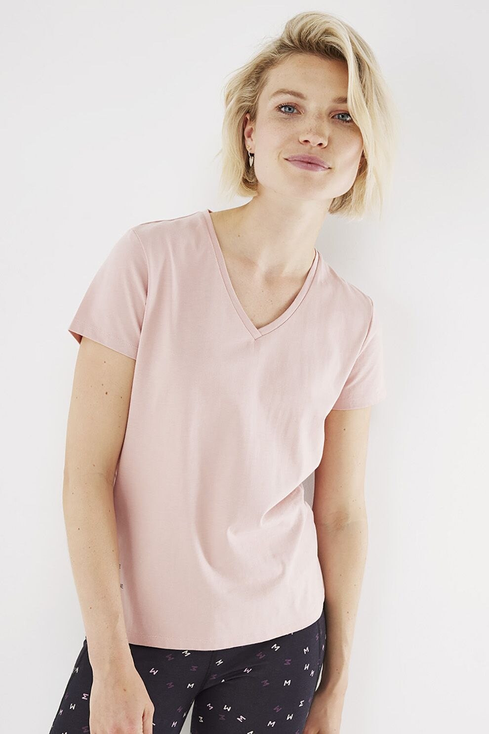 Mexx, Tricou din amestec de bumbac organic cu decolteu in V, Roz