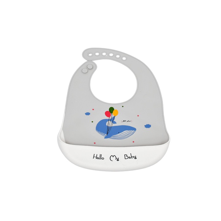 Baveta din silicon moale, BabyCloud, Balena, Gri