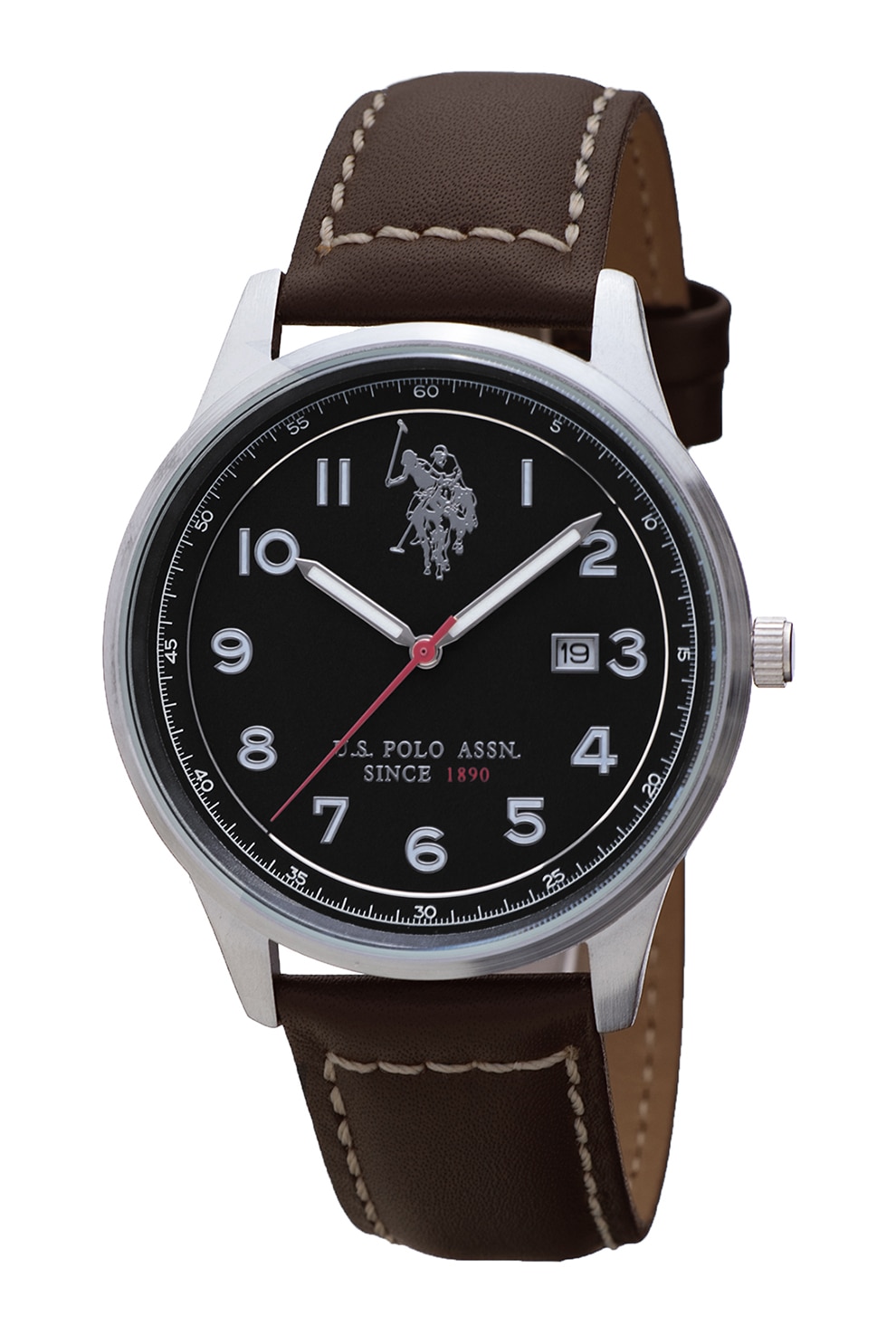 U.S. Polo Assn., Ceas quartz din otel inoxidabil, Maro inchis/Argintiu