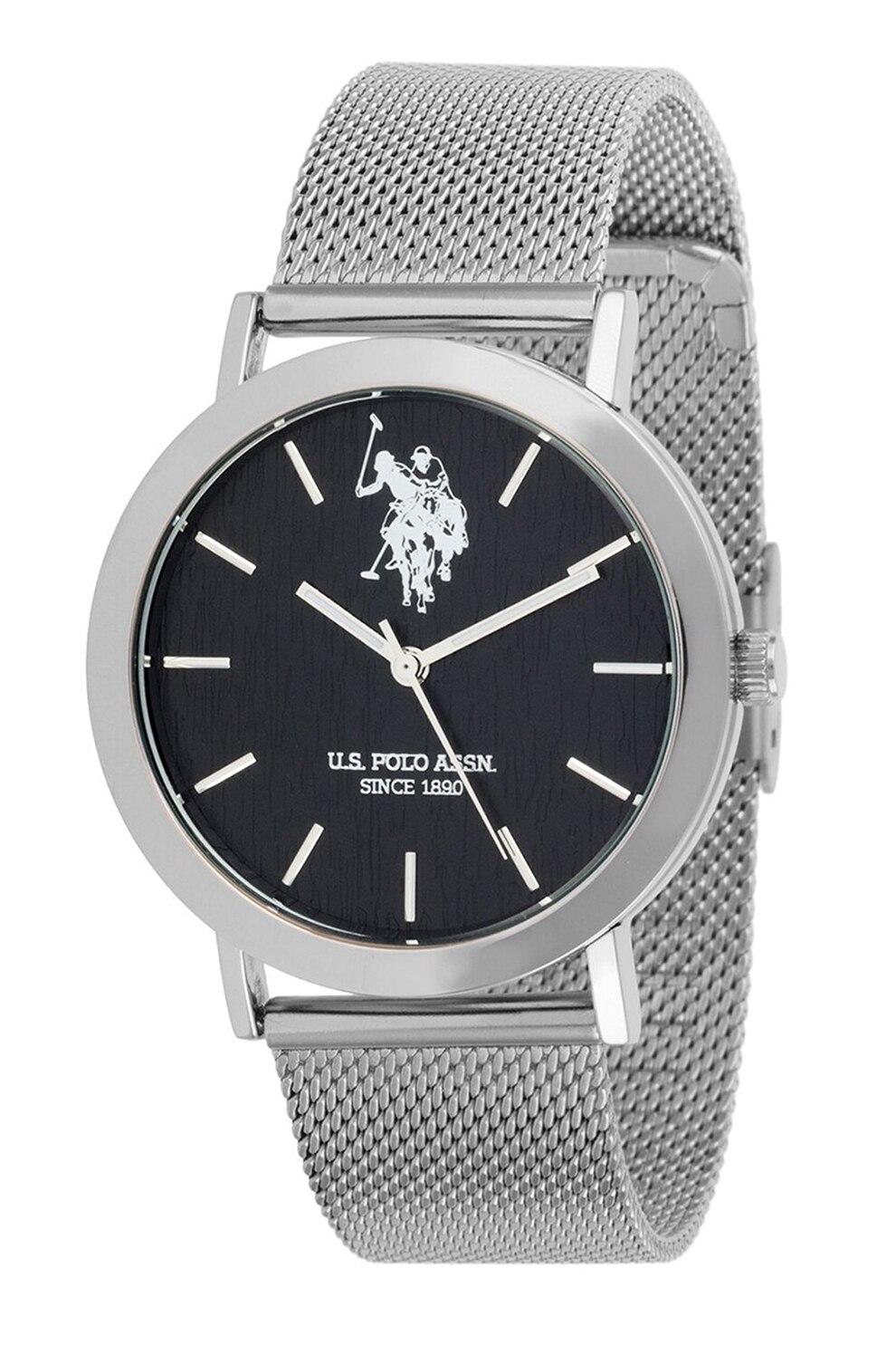 U.S. Polo Assn., Ceas rotund cu bratara cu model plasa, Argintiu