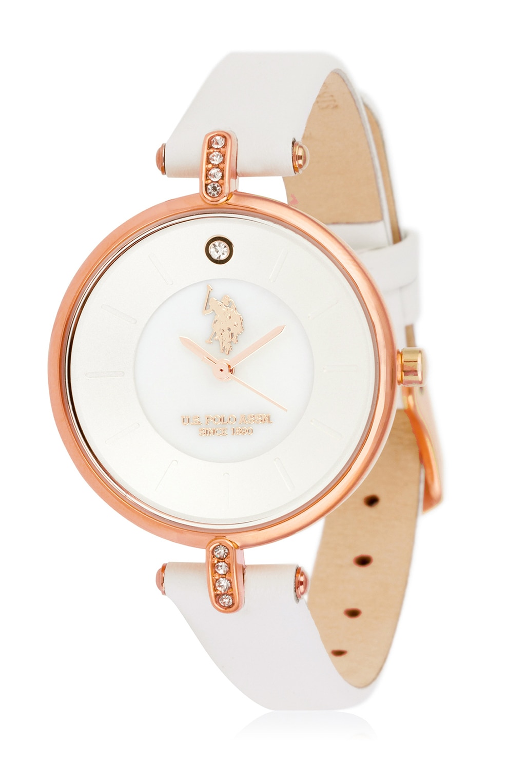 U.S. Polo Assn., Ceas quartz cu o curea din piele, Alb/Auriu rose
