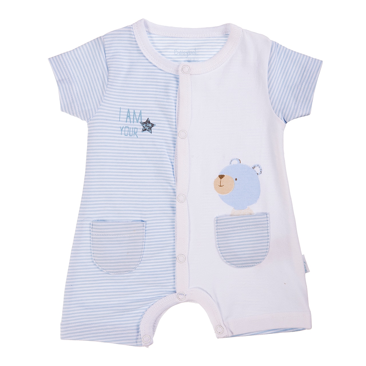 Salopeta nou nascut Babybol, maneca scurta, imprimeu ursulet, alb/blue, 6 luni, 68 cm