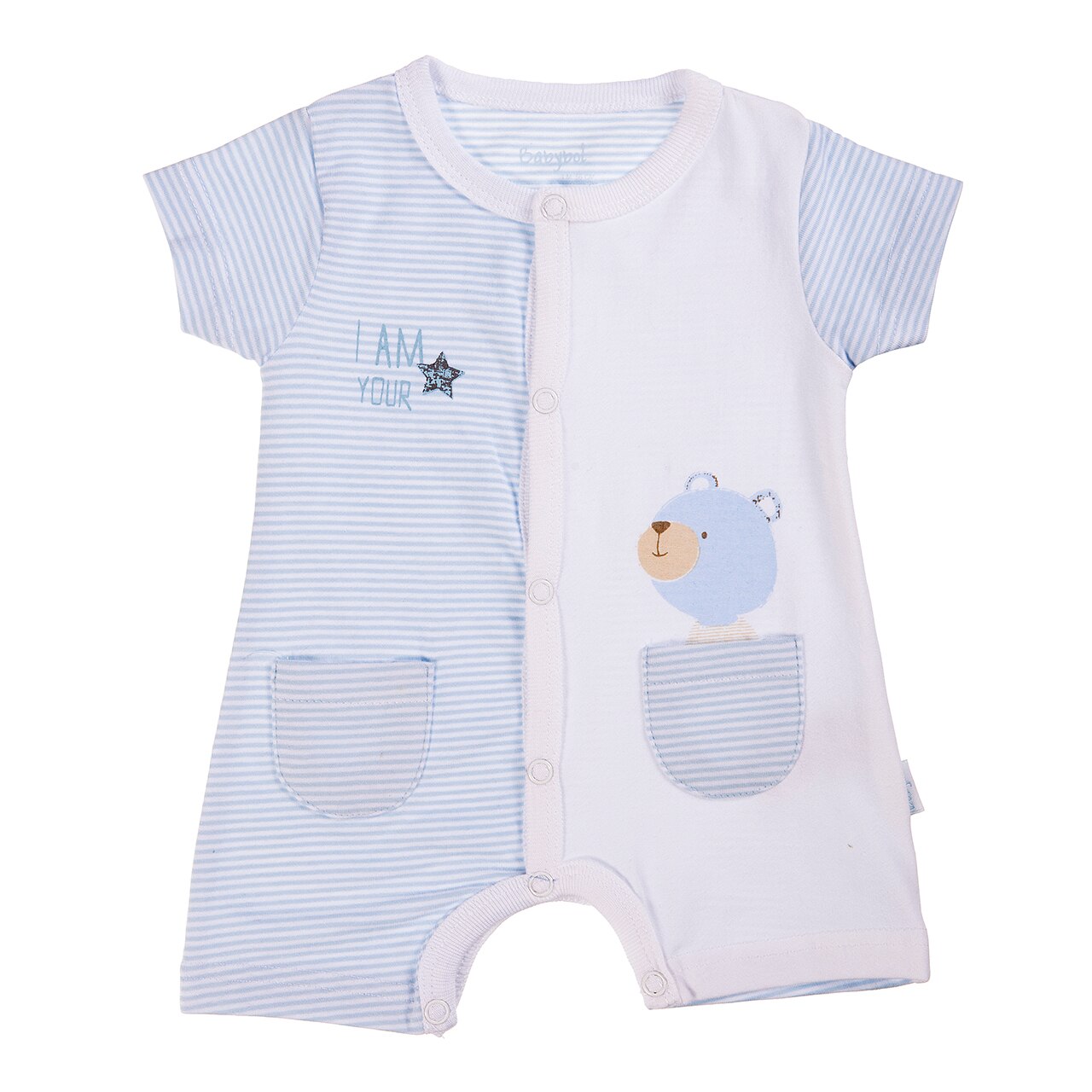 Salopeta nou nascut Babybol, maneca scurta, imprimeu ursulet, alb/blue, 3 luni, 62 cm