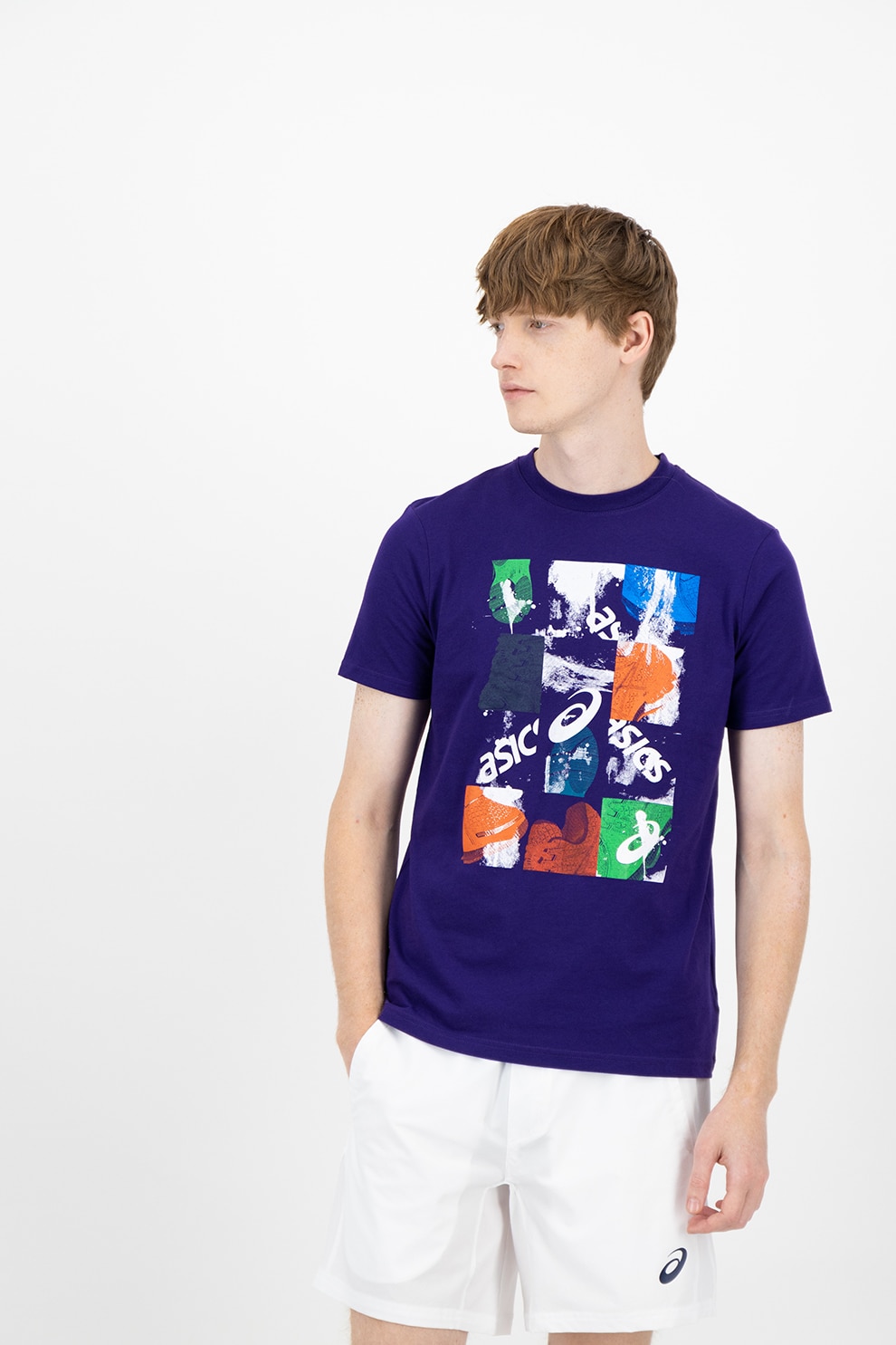 Asics, Tricou cu imprimeu logo pentru fitness, Violet ametist/Albastru/Alb, M