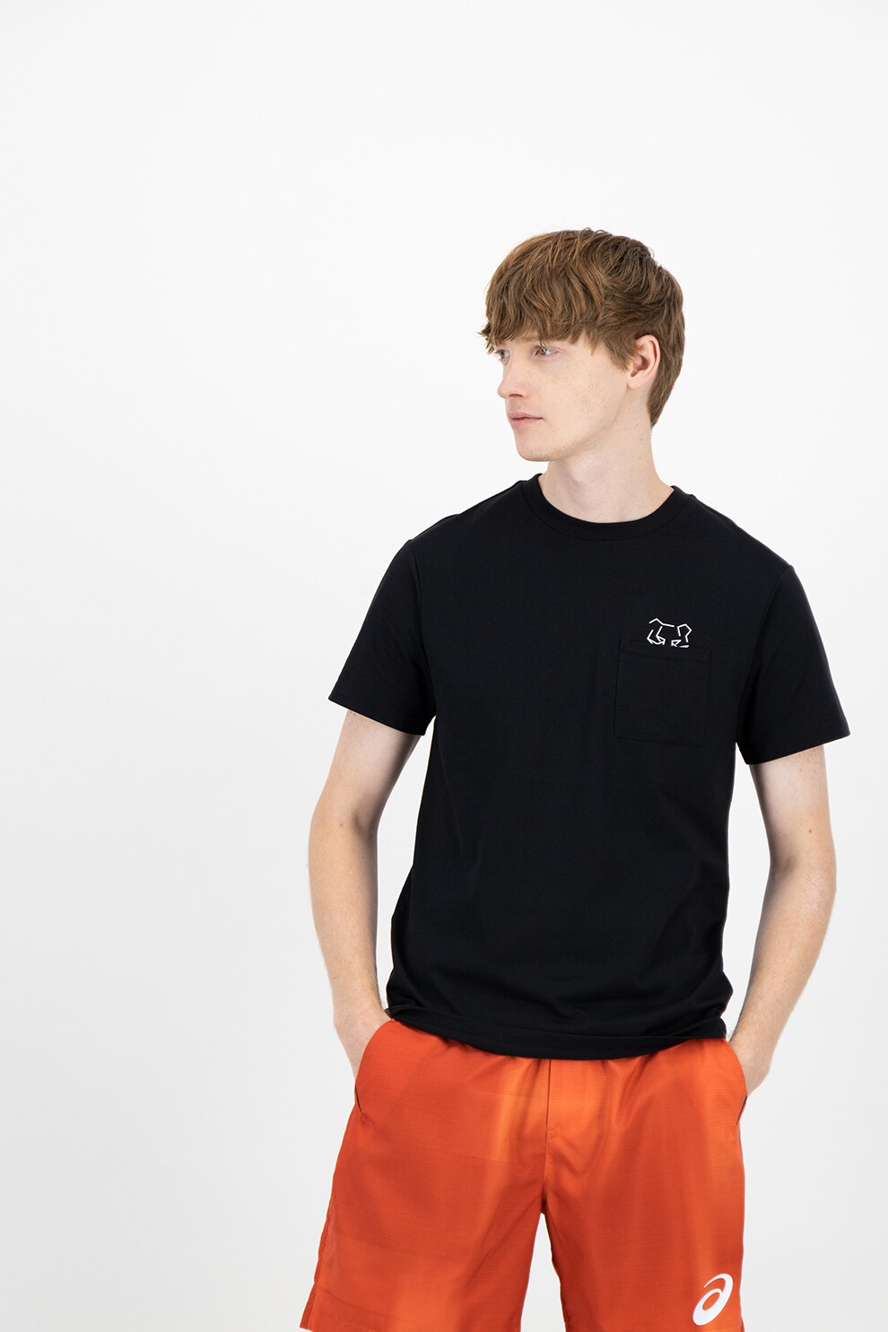 Asics, Tricou cu decolteu la baza gatului si buzunar pe piept, Negru