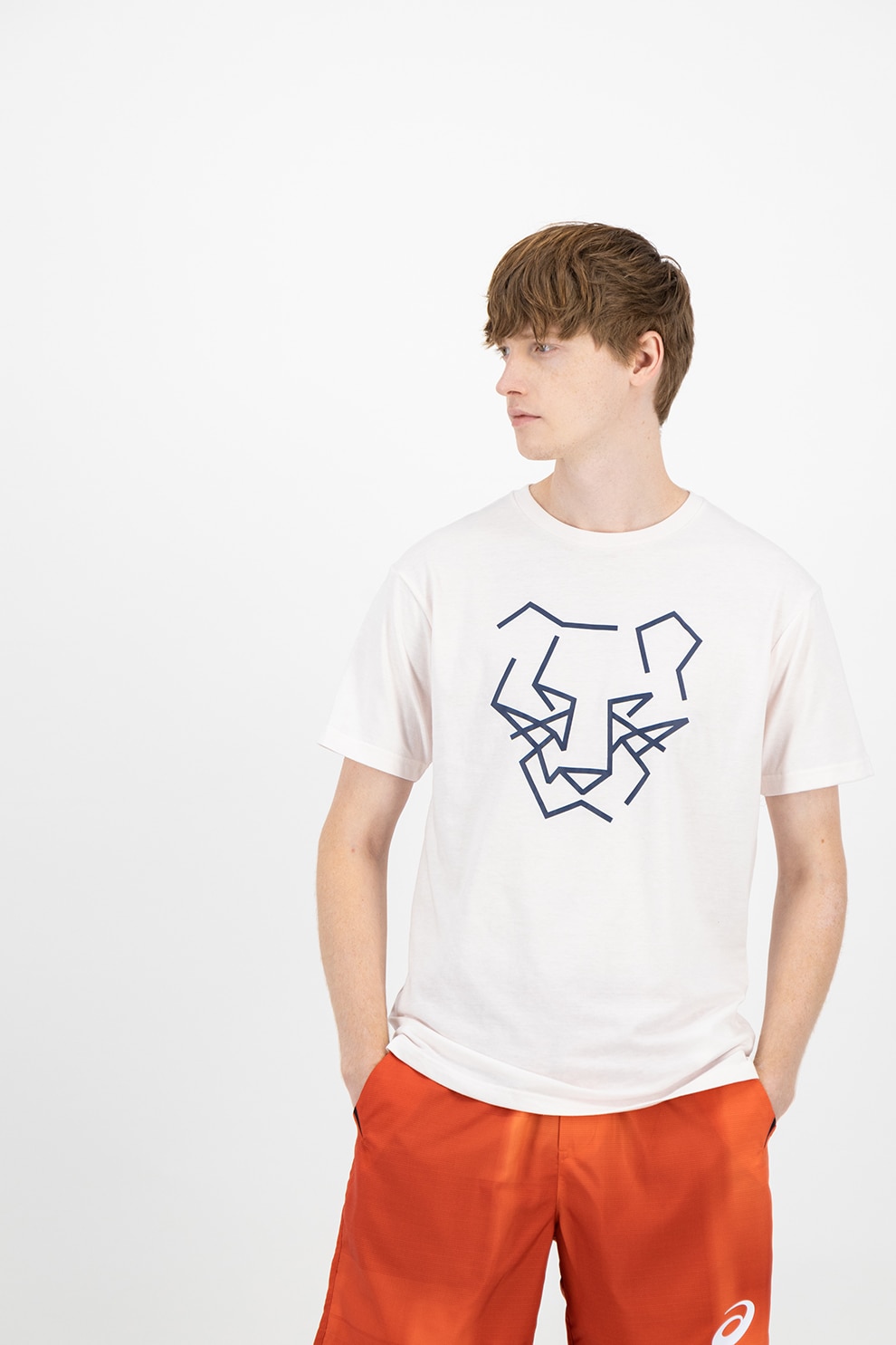Asics, Tricou cu decolteu la baza gatului si imprimeu grafic, Alb/Bleumarin
