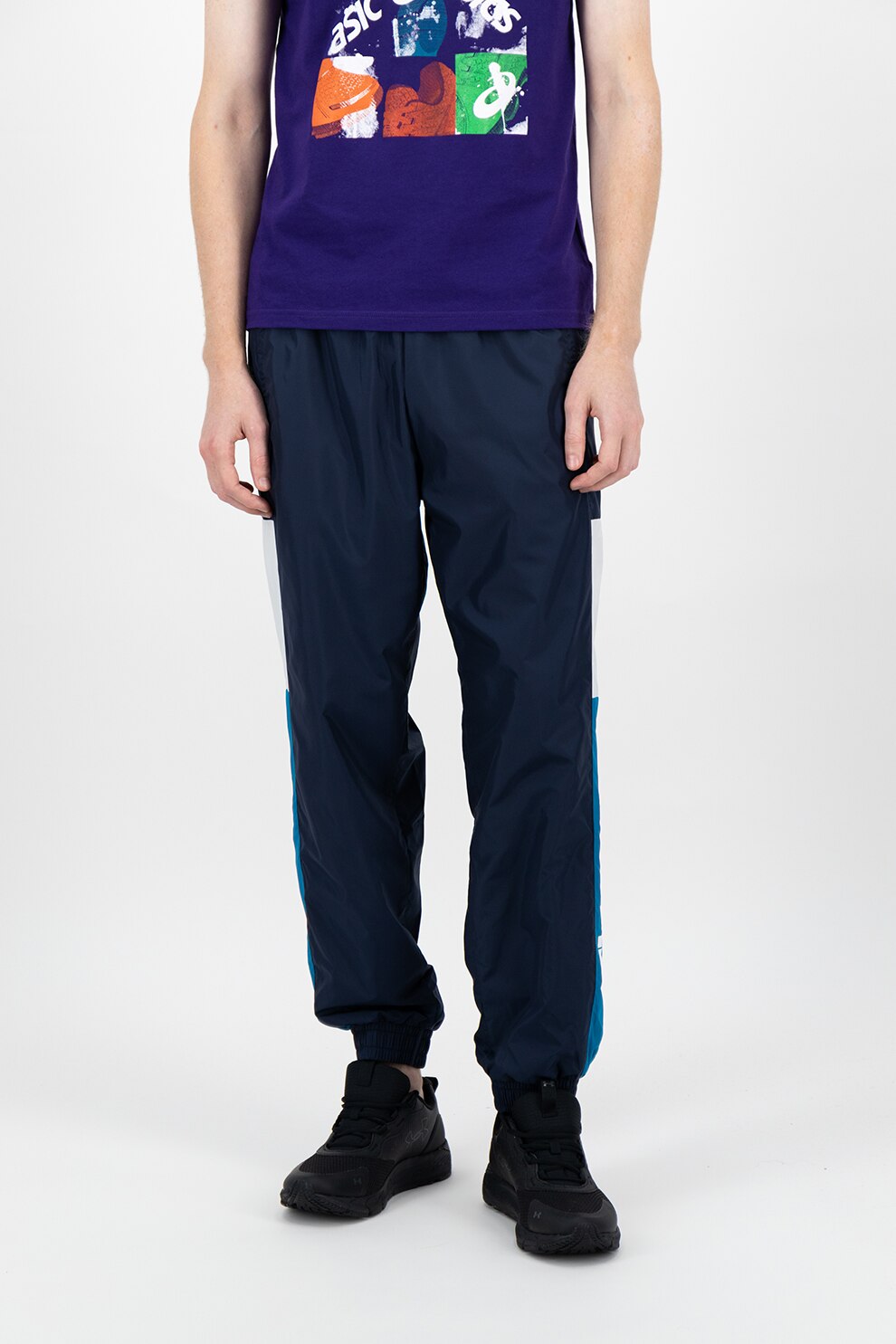 ASICS Tiger, Pantaloni cu benzi laterale contrastante pentru fitness, Bleumarin/Alb