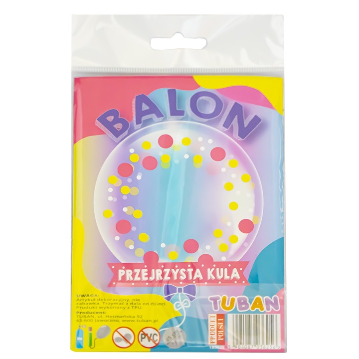 Tuban Robentoys átlátszó léggömb, 45 cm átmérőjű, színes pöttyös