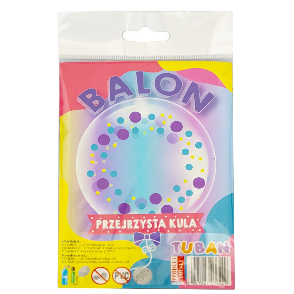 Balon transparent TUBAN, diametru 45 cm, Buline multicolore, Robentoys