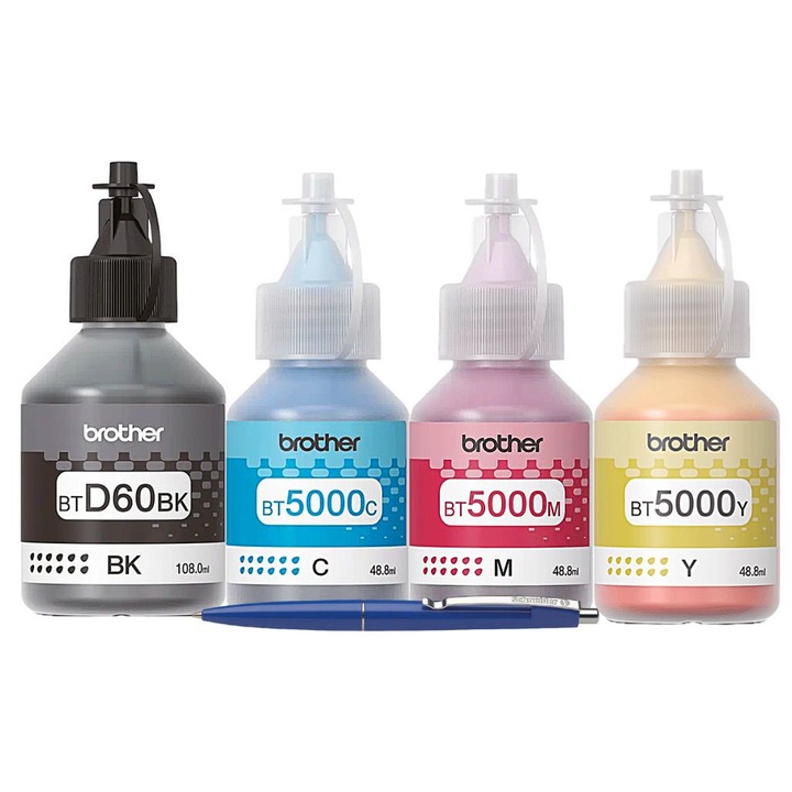 Set Flacon cerneala Brother Original BTD60BK Negru BT5000C Cyan BT5000M Magenta BT5000Y Galben 21500 pagini si pix Schneider