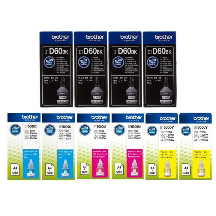 Комплект оригинални бутилки с мастило Brother 4x BTD60BK черно 2x BT5000C 2x BT5000M магента 2x BT5000Y жълто 56000 страници
