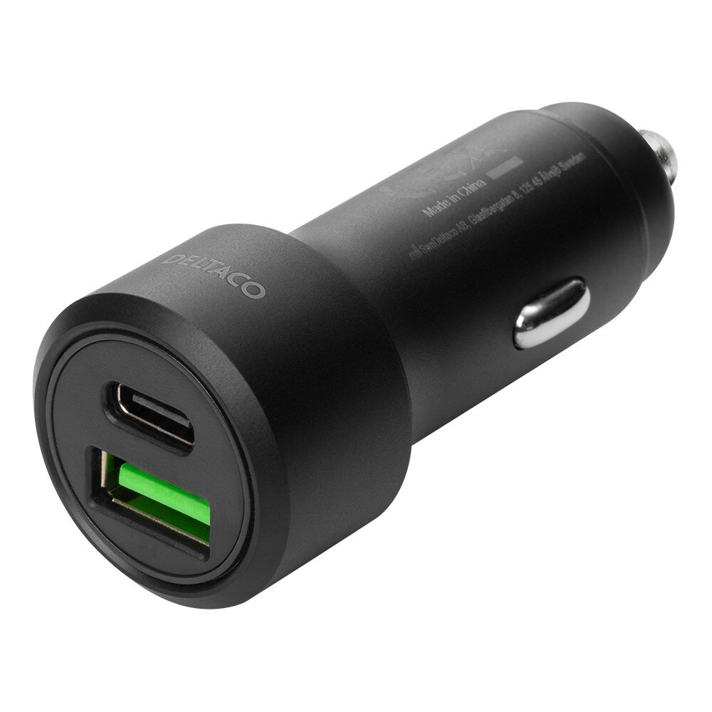 Incarcator auto rapid 36W DELTACO, 12 / 24V, 1x USB-C, PD 18W, 1x USB-A, 18W, negru