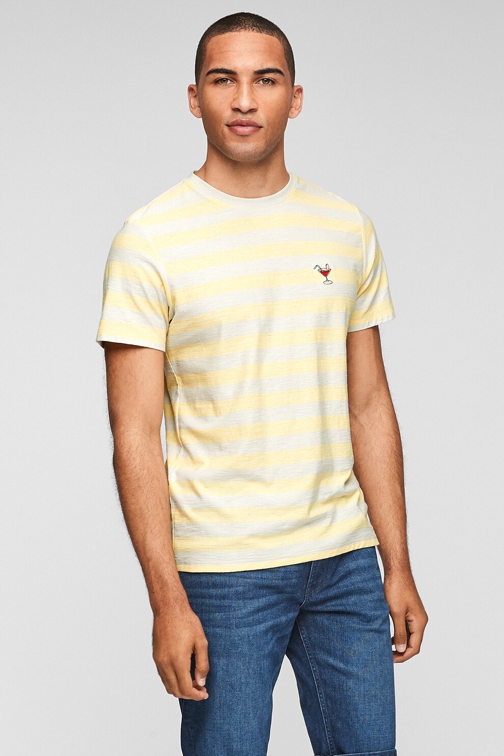 s.Oliver, Tricou cu decolteu rotund si model in dungi, Galben pai/gri deschis