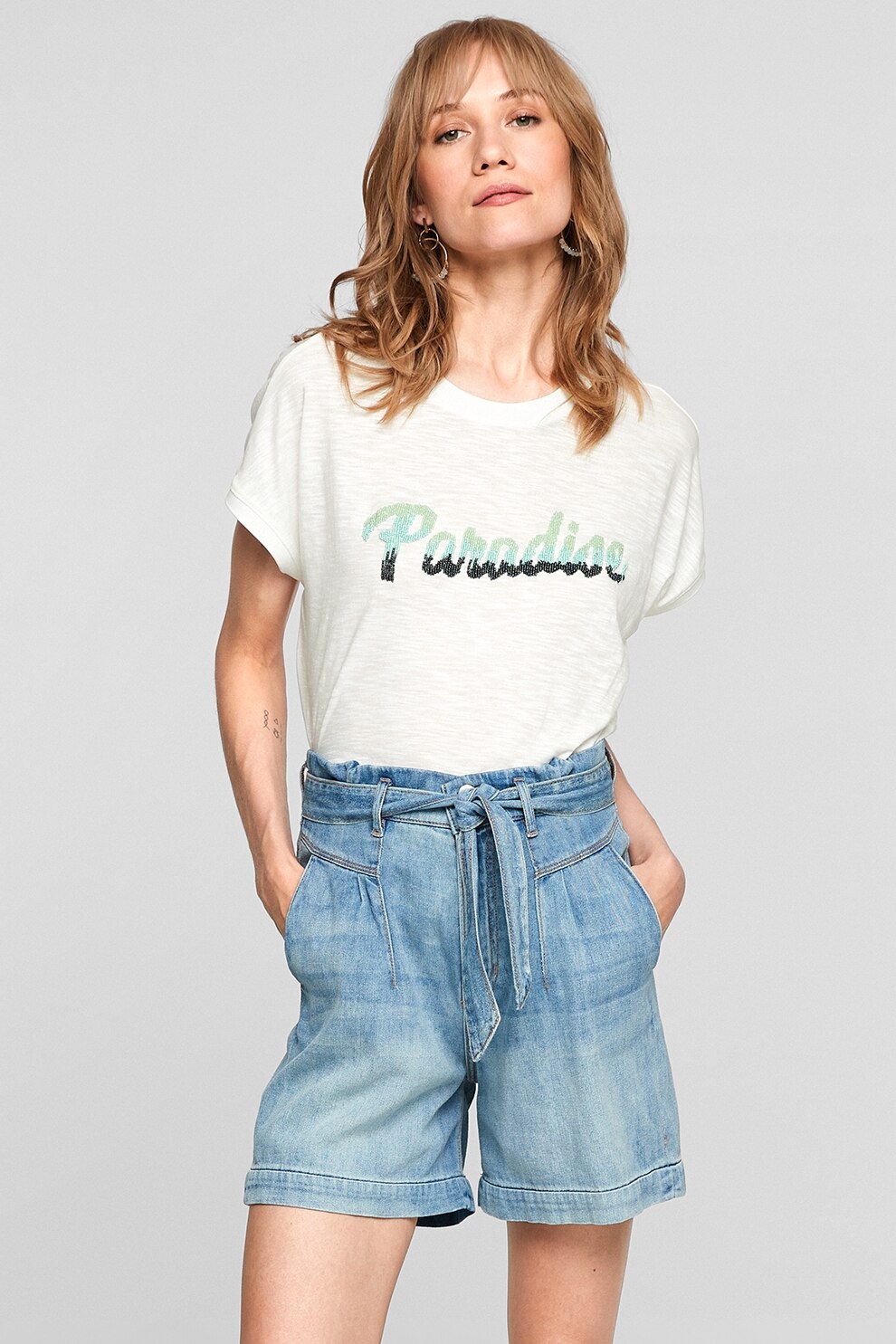 s.Oliver, Tricou lejer cu margele decorative, Alb
