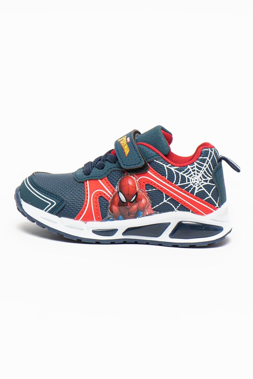 Marvel, Pantofi sport low-top cu velcro, LED-uri si imprimeu SPiderman, Bleumarin/Rosu/Alb
