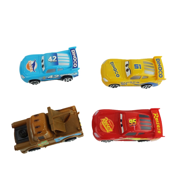 Set de 4 masinute Cars, cu sistem mecanic de deplasare, 11 cm, multicolor