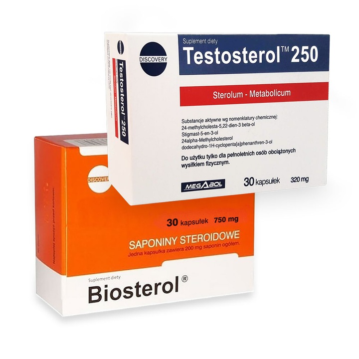 Set Megabol Biosterol 750 mg, 30 cps plus Testosterol 250, 30 cps, stimulare testosteron si hormon de crestere, inhibare estrogen