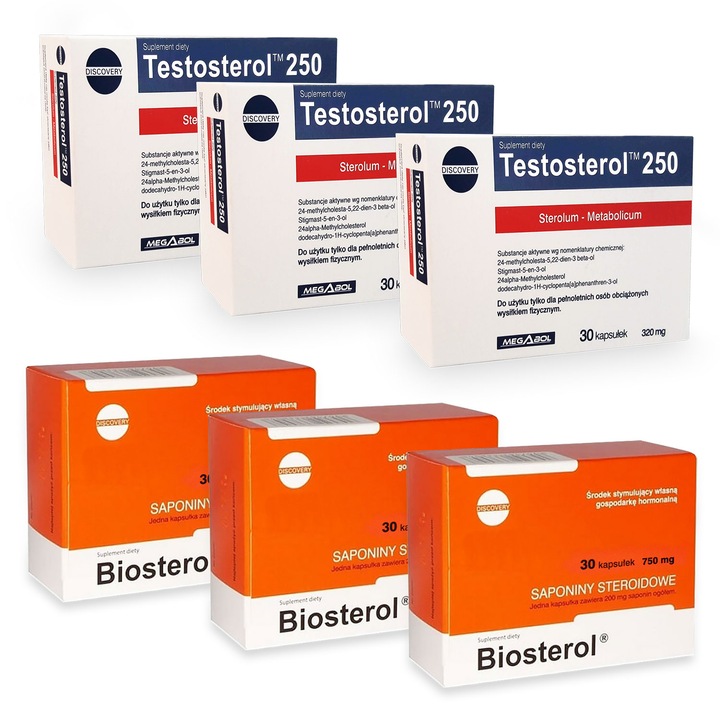 Set Megabol Biosterol 750 mg, 90 cps plus Testosterol 250, 90 cps, stimulare testosteron si hormon de crestere, inhibare estrogen