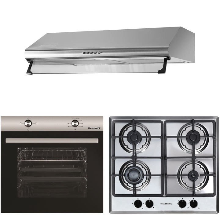 Pachet incorporabil Cuptor electric Hausberg HB-8051, Clasa A, 76L, 2000W, Negru/Inox, Plita Incorporabila HB-555, 4 arzatoare, Gaz, Inox, Hota incorporabila decorativa HB-1220, Putere de absorbtie 450 m3/h, 2 motoare, 60 cm, Inox