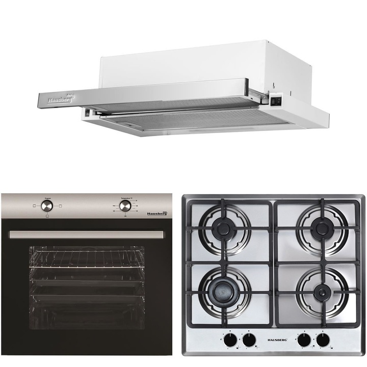 Pachet Incorporabil Cuptor electric Hausberg HB-8051IN, Clasa A, 76L, 2000W, Negru/Inox, Plita Incorporabila HB-555, 4 arzatoare, Gaz, Inox, Hota incorporabila telescopica HB-1285IN, Putere de absorbtie 420 m3/h, 2 motoare, 60 cm, Inox/Alb