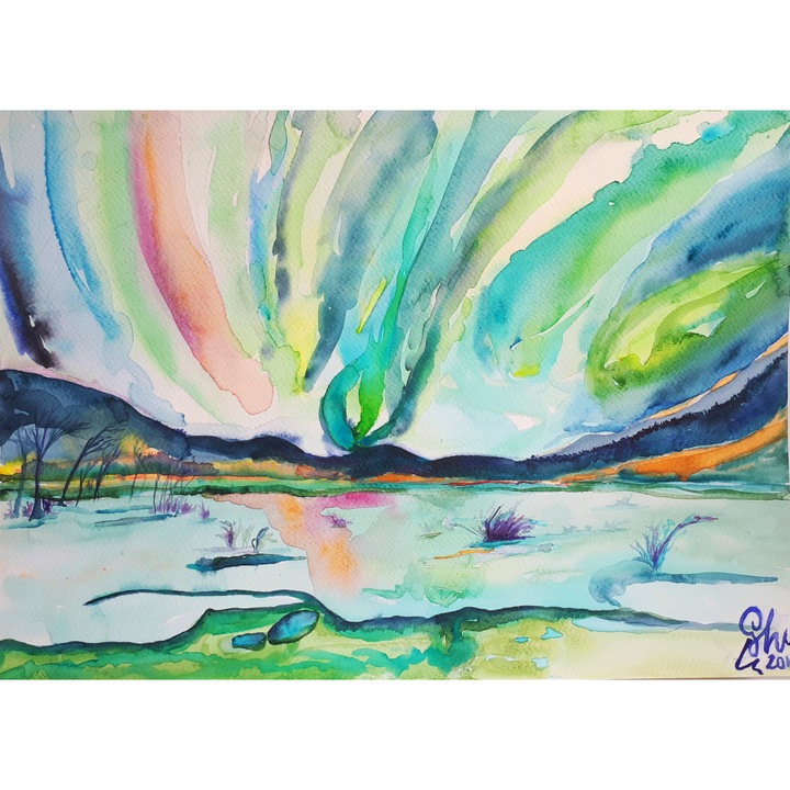 Tablou Aurora in acuarela, pictat manual de Artemisia dimensiune 30 x 43 cm