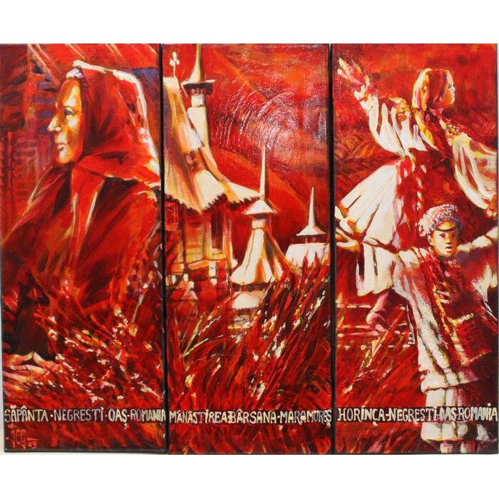 Tablou triptic ulei pe lemn Pe drumurile Romaniei traditionale, pictat manual de Joëlle Claudel Gandouin, dimensiune 50 x 60 cm