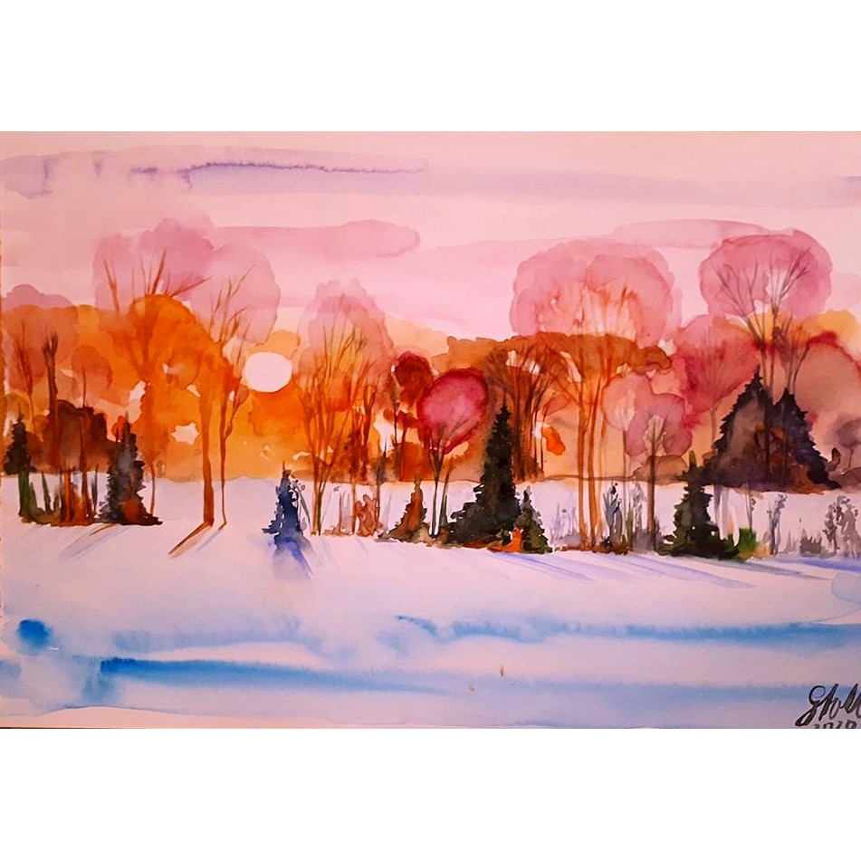 Tablou Iarna albastruie, pictat manual in acuarela de Artemisia dimensiune 42 x 30 cm