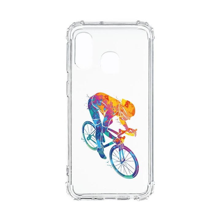 Husa Anti Shock, Compatibila Cu Samsung Galaxy A40, Cyclist colorful, Silicon Premium, Rezistenta, 793