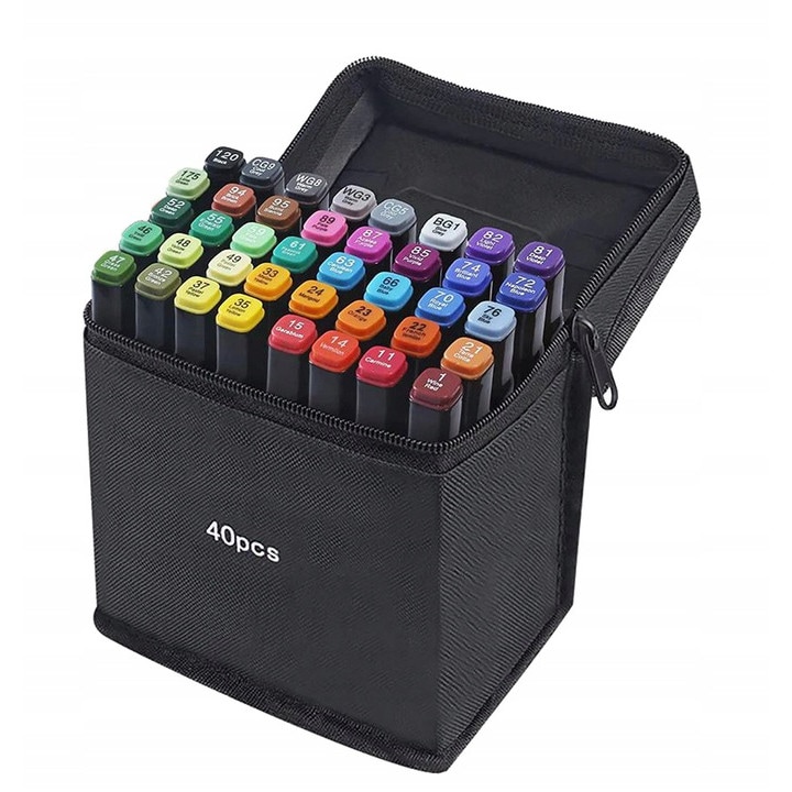 Set 40 markere, Zola®, 2 capete subtire si gros, cu geanta de depozitare, multicolore