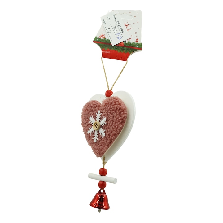 Ornament de brad broderie cu inima, Flippy, roz, lemn, 18 cm