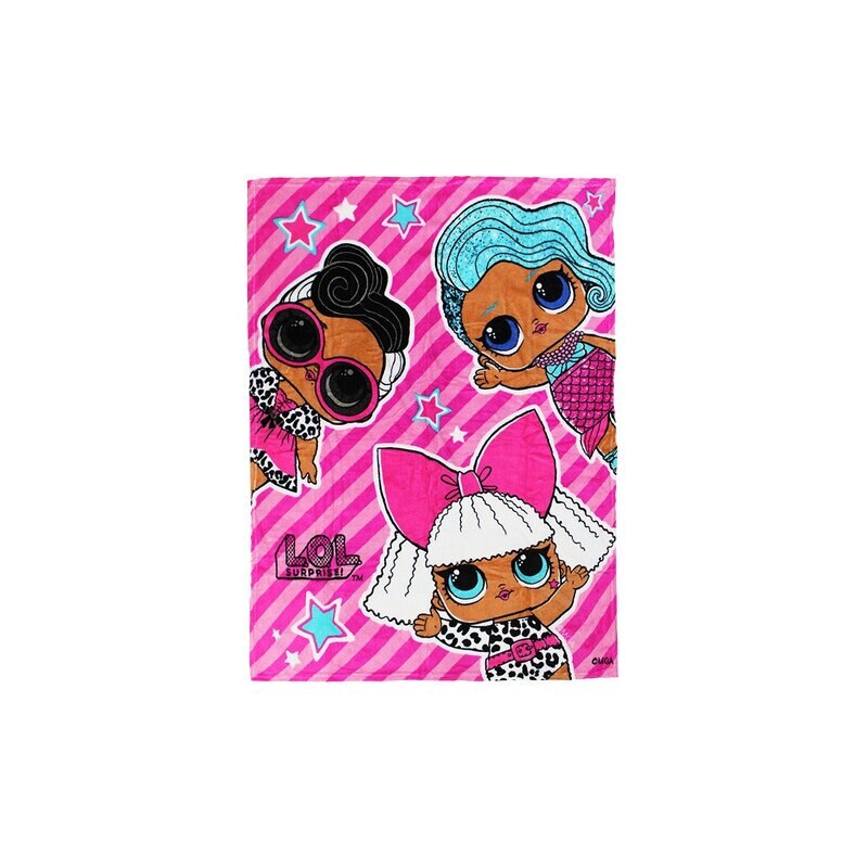 Paturica fleece, LOL, cu dungi si stelute, roz, 120 x 90 cm